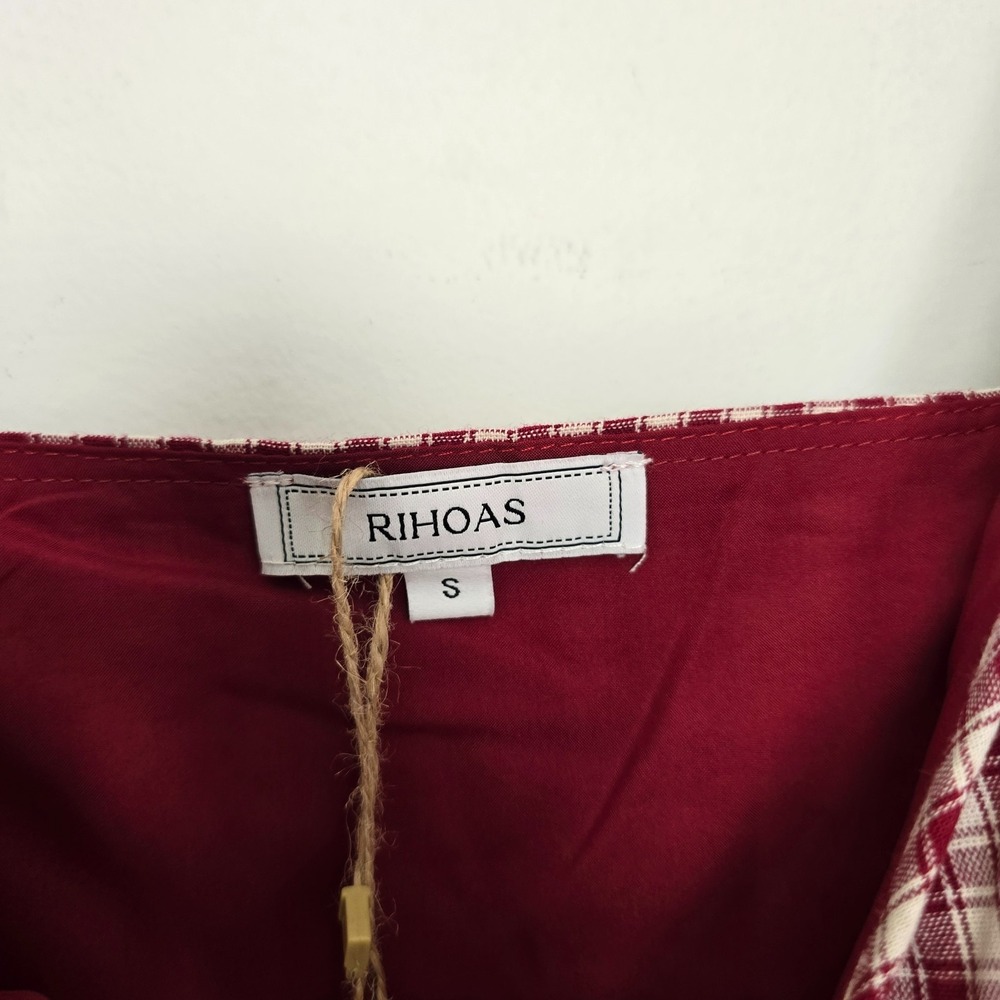 NWT Rihoas Women V Neck Plaid Slip Mini Dress Small Red Coquette Ruffle Summer - Picture 4 of 11